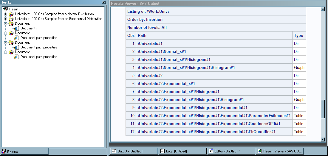 List of the Entries of the ODS Document Work.Univ and the Properties of Those Entries