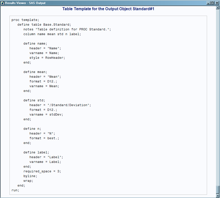 Table Template for the Output Object Standard#1