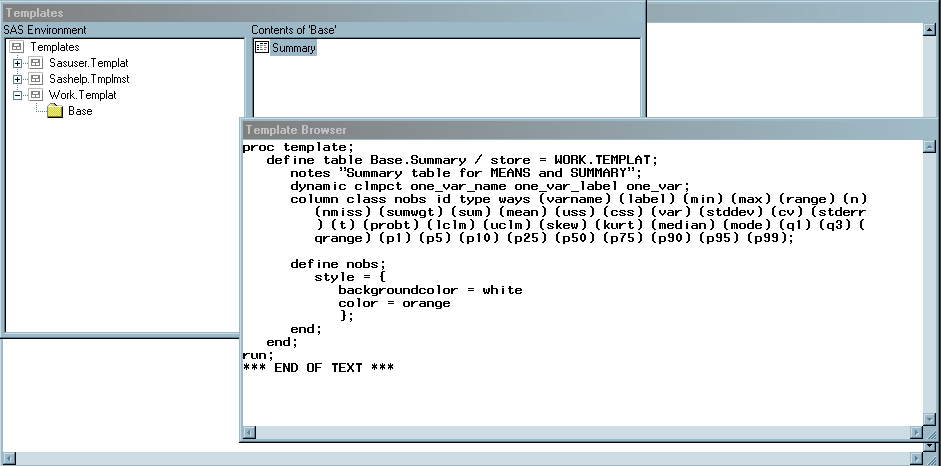 Base.Summary Table Template Created by the DEFINE TABLE Statement