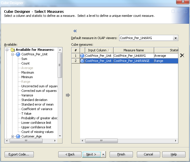 Cube Designer – Select Measures