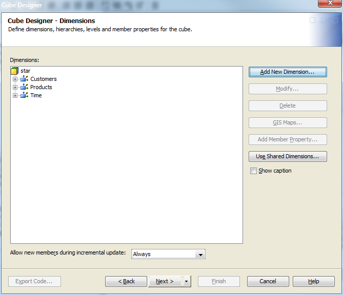 Non-Shared Dimension Tables in the Dimensions Page