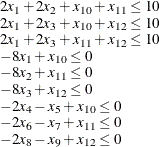 \[  \begin{array}{l} 2 x_1 + 2 x_2 + x_{10} + x_{11} \leq 10 \\ 2 x_1 + 2 x_3 + x_{10} + x_{12} \leq 10 \\ 2 x_1 + 2 x_3 + x_{11} + x_{12} \leq 10 \\ -8 x_1 + x_{10} \leq 0 \\ -8 x_2 + x_{11} \leq 0 \\ -8 x_3 + x_{12} \leq 0 \\ -2 x_4 - x_5 + x_{10} \leq 0 \\ -2 x_6 - x_7 + x_{11} \leq 0 \\ -2 x_8 - x_9 + x_{12} \leq 0 \\ \end{array}  \]