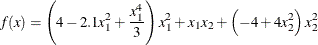 \[  f(x) = \left( 4 - 2.1 x_1^2 + \frac{x_1^4}{3} \right) x_1^2 + x_1 x_2 + \left( -4 + 4 x_2^2 \right) x_2^2  \]