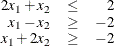 \[  \begin{array}{rcr} 2x_1 + x_2 & \le &  2 \\ x_1 - x_2 & \ge &  -2 \\ x_1 + 2x_2 & \ge &  -2 \end{array}  \]