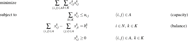 \begin{align*} & \text {minimize} &  \sum _{(i,j) \in A} \sum _{k \in K} c_{ij}^ k x_{ij}^ k \\ & \text {subject to} & \sum _{k \in K} x_{ij}^ k & \le u_{ij} & &  (i,j) \in A & &  \text {(capacity)} \\ & & \sum _{(i,j) \in A} x_{ij}^ k - \sum _{(j,i) \in A} x_{ji}^ k & = b_ i^ k & &  i \in N,\  k \in K & &  \text {(balance)}\\ & &  x_{ij}^ k & \ge 0 & &  (i,j) \in A,\  k \in K \end{align*}