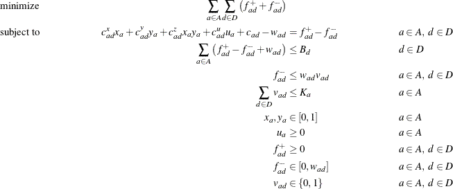 \begin{align*} & \text {minimize} & \sum _{a \in A} \sum _{d \in D} \left(f^+_{ad} + f^-_{ad}\right) \\ & \text {subject to} &  c^ x_{ad} x_{a} + c^ y_{ad} y_{a} + c^ z_{ad} x_{a} y_{a} + c^{u}_{ad} u_{a} + c_{ad} - w_{ad} &  = f^+_{ad} - f^-_{ad} & &  a \in A,\  d \in D\\ & &  \sum _{a \in A} \left(f^+_{ad} - f^-_{ad} + w_{ad} \right) &  \leq B_ d & &  d \in D\\ & &  f^{-}_{ad} &  \leq w_{ad} v_{ad} & &  a \in A,\  d \in D\\ & &  \sum _{ d \in D} v_{ad} &  \leq K_ a & &  a \in A\\ & &  x_{a}, y_{a} &  \in [0,1] & &  a \in A\\ & &  u_{a} &  \geq 0 & &  a \in A\\ & &  f^+_{ad} &  \geq 0 & &  a \in A,\  d \in D \\ & &  f^-_{ad} &  \in [0,w_{ad}] & &  a \in A,\   d \in D \\ & &  v_{ad} &  \in \{ 0,1\}  & &  a \in A,\  d \in D\\ \end{align*}