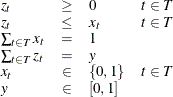 \[  \begin{array}{lcll} z_ t &  \ge &  0 &  t \in T\\ z_ t &  \le &  x_ t &  t \in T\\ \sum _{t \in T} x_{t} &  = &  1 \\ \sum _{t \in T} z_{t} &  = &  y \\ x_ t &  \in &  \{ 0,1\}  &  t \in T \\ y &  \in &  [0,1] \end{array}  \]