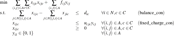 \[  \begin{array}{llllll} \min &  \displaystyle \sum _{(i,j) \in A} \displaystyle \sum _{c \in C} s_{ijc} x_{ijc} + \displaystyle \sum _{(i,j) \in A} f_{ij} y_{ij} \\ \mr {s.t.} &  \displaystyle \sum _{j \in N | (i,j) \in A} x_{ijc} - \displaystyle \sum _{j \in N | (j,i) \in A} x_{jic} &  \leq &  d_{ic} &  \forall i \in N, c \in C &  \mr {(balance\_ con)}\\ &  x_{ijc} &  \leq &  u_{ijc} y_{ij} &  \forall (i,j) \in A, c \in C &  \mr {(fixed\_ charge\_ con)} \\ &  x_{ijc} &  \geq &  0 &  \forall (i,j) \in A, c \in C \\ &  y_{ij} \in \{ 0,1\}  & & &  \forall (i,j) \in A \end{array}  \]