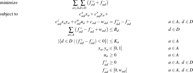 \begin{align*} & \text {minimize} & \sum _{a \in A} \sum _{d \in D} \left(f^+_{ad} + f^-_{ad}\right) \\ & \text {subject to} &  c^ x_{ad} x_{a} + c^ y_{ad} y_{a} + \\ & &  c^ z_{ad} x_{a} y_{a} + c^{u}_{ad} u_{a} + c_{ad} - w_{ad} &  = f^+_{ad} - f^-_{ad} & &  a \in A,\  d \in D \\ & &  \sum _{a \in A} \left( f^+_{ad} - f^-_{ad} + w_{ad}\right) &  \leq B_ d & &  d \in D \\ & &  | \{  d \in D \;  | \;  (f^{+}_{ad} - f^{-}_{ad}) < 0\}  | &  \leq K_ a & &  a \in A \\ & &  x_{a}, y_{a} &  \in [0,1] & &  a \in A\\ & &  u_{a} &  \geq 0 & &  a \in A\\ & &  f^+_{ad} &  \geq 0 & &  a \in A,\  d \in D\\ & &  f^-_{ad} &  \in [0,w_{ad}] & &  a \in A,\  d \in D \end{align*}