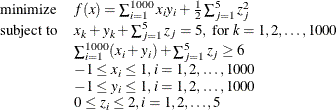 \[ \begin{array}{ll} \displaystyle \mathop {\textrm{minimize}}&  f(x) = \sum _{i=1}^{1000} x_ i y_ i + \frac{1}{2}\sum _{j=1}^{5} z_ j^2\\ \textrm{subject to}&  x_ k + y_ k + \sum _{j=1}^{5}z_ j = 5, \mbox{ for } k=1,2,\ldots , 1000\\ &  \sum _{i=1}^{1000} (x_ i + y_ i) + \sum _{j=1}^{5} z_ j \ge 6 \\ &  -1 \leq x_ i \leq 1, i=1,2,\ldots , 1000 \\ &  -1 \leq y_ i \leq 1, i=1,2,\ldots , 1000 \\ &  0 \leq z_ i \leq 2, i=1,2,\ldots , 5 \end{array}  \]