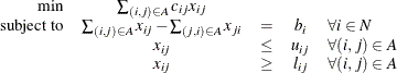 \[  \begin{array}{rcccl} \mbox{min} &  \sum _{(i,j) \in A} c_{ij} x_{ij} \\ \mbox{subject to} &  \sum _{(i,j) \in A} x_{ij} - \sum _{(j,i) \in A} x_{ji} &  = &  b_ i &  \forall i \in N \\ &  x_{ij} &  \le &  u_{ij} &  \forall (i,j) \in A \\ &  x_{ij} &  \ge &  l_{ij} &  \forall (i,j) \in A \end{array}  \]