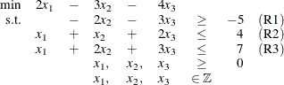 \[  \begin{array}{rlllllcrc} \mbox{min} &  2x_1 &  - &  3x_2 &  - &  4x_3 & & & \\ \mbox{s.t.} & &  - &  2x_2 &  - &  3x_3 &  \geq &  -5 &  (\mbox{R1})\\ &  x_1 &  + &  x_2 &  + &  2x_3 &  \leq &  4 &  (\mbox{R2})\\ &  x_1 &  + &  2x_2 &  + &  3x_3 &  \leq &  7 &  (\mbox{R3})\\ & & &  x_1, &  x_2, &  x_3 &  \geq &  0 & \\ & & &  x_1, &  x_2, &  x_3 &  \in \mathbb {Z} & & \\ \end{array}  \]