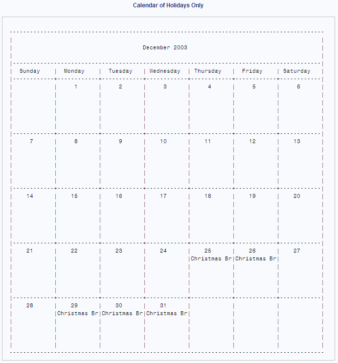 Calendar of Holidays Only (December portion)