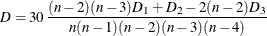 \[  D = 30 \,  \frac{(n-2)(n-3)D_1+D_2-2(n-2)D_3}{n(n-1)(n-2)(n-3)(n-4)}  \]