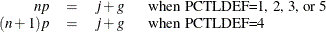 \[  \begin{array}{rcll} np & =&  j+g &  ~ ~ \mbox{when PCTLDEF=1, 2, 3, or 5} \\ (n + 1) p & =&  j+g &  ~ ~ \mbox{when PCTLDEF=4} \end{array}  \]