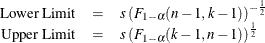 $ \begin{array}{rcl} \mbox{Lower Limit} &  = &  s \left( F_{1-\alpha } (n - 1, k - 1) \right)^{-\frac{1}{2}} \\ \mbox{Upper Limit} &  = &  s \left( F_{1-\alpha } (k - 1, n - 1) \right)^{\frac{1}{2}} \end{array} $