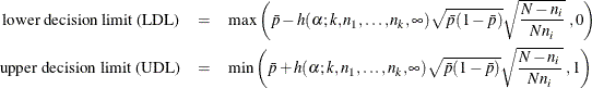 \begin{eqnarray*}  \mbox{lower decision limit (LDL)} & = & \mbox{max} \left(\bar{p} - h(\alpha ;k, n_1,\ldots ,n_ k, \infty ) \sqrt {\bar{p}(1-\bar{p})}\sqrt {\frac{N - n_ i}{Nn_ i}}\; , 0 \right) \\ \mbox{upper decision limit (UDL)} & = & \mbox{min}\left(\bar{p} + h(\alpha ;k, n_1,\ldots ,n_ k, \infty ) \sqrt {\bar{p}(1-\bar{p})}\sqrt {\frac{N - n_ i}{Nn_ i}}\; , 1 \right) \end{eqnarray*}