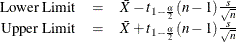 $ \begin{array}{rcl} \mbox{Lower Limit} &  = &  \bar{X} - t_{1-\frac{\alpha }{2}} (n - 1) \frac{s}{\sqrt {n}} \\ \mbox{Upper Limit} &  = &  \bar{X} + t_{1-\frac{\alpha }{2}} (n - 1) \frac{s}{\sqrt {n}} \end{array} $