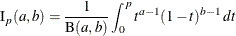 \[  \mbox{I}_ p(a,b) = \frac{1}{\mbox{B}(a,b) } \displaystyle \int _0^ p t^{a-1}(1-t)^{b-1}\,  dt  \]