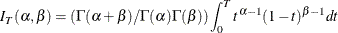 \[  I_{T}(\alpha ,\beta ) = (\Gamma (\alpha +\beta )/\Gamma (\alpha )\Gamma (\beta )) \int _{0}^{T}t^{\alpha - 1}(1-t)^{\beta -1}dt  \]