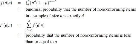 \begin{eqnarray*}  f(d|n) & = &  (\stackrel{n}{_ d})p^{d}(1-p)^{n-d} \\ & = &  \mbox{binomial probability that the number of nonconforming items }\\ & &  \mbox{in a sample of size }n\mbox{ is exactly } d \\ F(a|n) & = &  \sum _{d=0}^{a}f(d|n) \\ & = &  \mbox{probability that the number of nonconforming items is less} \\ & &  \mbox{than or equal to } a \end{eqnarray*}