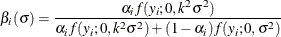 \[  \beta _ i(\sigma )=\frac{\alpha _ if(y_ i;0,k^2\sigma ^2) }{\alpha _ if(y_ i;0,k^2\sigma ^2) + (1-\alpha _ i)f(y_ i;0,\sigma ^2) }  \]