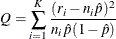 \[  Q=\sum _{i=1}^{K}\frac{(r_{i}-n_{i}\hat{p})^{2}}{n_{i}\hat{p}(1-\hat{p})}  \]