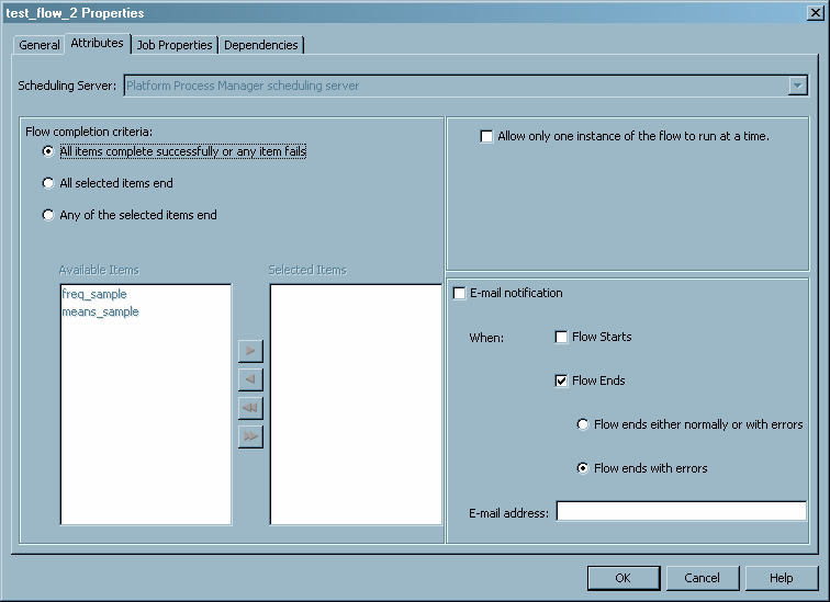 flow properties window, attributes tab