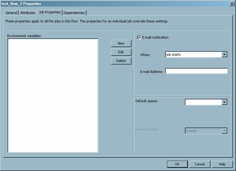 flow properties window, job properties tab