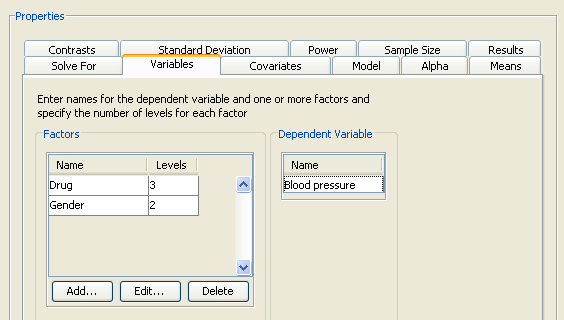  Variables Tab with Factors and Number of Levels 