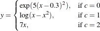 \[  y = \begin{cases}  \exp (5(x-0.3)^2), &  \mbox{if } c=0 \\ \log (x-x^2), &  \mbox{if } c=1 \\ 7x, &  \mbox{if } c=2 \end{cases}  \]