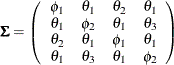 \[  \bSigma = \left( \begin{array}{cccc} \phi _1 &  \theta _1 &  \theta _2 &  \theta _1 \\ \theta _1 &  \phi _2 &  \theta _1 &  \theta _3 \\ \theta _2 &  \theta _1 &  \phi _1 &  \theta _1 \\ \theta _1 &  \theta _3 &  \theta _1 &  \phi _2 \\ \end{array} \right) \quad  \]