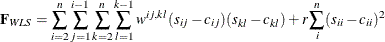 \[  \mb {F}_{\mathit{WLS}} = {\sum _{i=2}^ n \sum _{j=1}^{i-1} \sum _{k=2}^ n \sum _{l=1}^{k-1} w^{ij,kl} (s_{ij} - c_{ij})(s_{kl} - c_{kl}) } + r \sum _ i^ n (s_{ii} - c_{ii})^2  \]