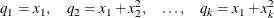 \[  q_1 = x_1 , \quad q_2 = x_1 + x^2_2 , \quad \ldots , \quad q_ k = x_1 + x^2_ k  \]