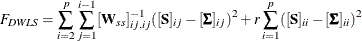 \[  F_{\mathit{DWLS}} = \sum _{i=2}^ p \sum _{j=1}^{i-1} [\mb {W}_{ss}]_{ij,ij}^{-1} ([\mb {S}]_{ij} - [\bSigma ]_{ij})^2 + r \sum _{i=1}^ p ([\mb {S}]_{ii} - [\bSigma ]_{ii})^2  \]