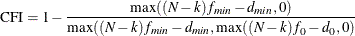 \[  \mbox{CFI} = 1 - \frac{\max ((N-k)f_{\mathit{min}}-d_{\mathit{min}},0)}{\max ((N-k)f_{\mathit{min}}-d_{\mathit{min}},\max ((N-k)f_0-d_0,0)}  \]