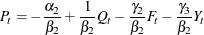 \[  P_ t = - \frac{\alpha _2}{\beta _2} + \frac{1}{\beta _2} Q_ t - \frac{\gamma _2}{\beta _2} F_ t - \frac{\gamma _3}{\beta _2} Y_ t  \]