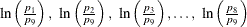 $ \ln \left( \frac{p_1}{p_9} \right), ~  \ln \left( \frac{p_2}{p_9} \right), ~  \ln \left( \frac{p_3}{p_9} \right), \ldots , ~  \ln \left( \frac{p_8}{p_9} \right) $