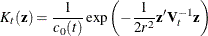 \[  K_ t(\mb {z}) = \frac{1}{c_0(t)} \exp \left(-\frac{1}{2r^2} \mb {z}^{\prime } \mb {V}_ t^{-1} \mb {z} \right)  \]