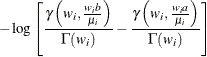 $\displaystyle  - \log \left[ \frac{\gamma \left(w_ i, \frac{w_ i b}{\mu _ i} \right)}{\Gamma (w_ i)} - \frac{\gamma \left(w_ i, \frac{w_ i a}{\mu _ i} \right)}{\Gamma (w_ i)} \right]  $