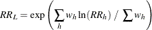 \[  \mathit{RR}_{\mi {L}} = \exp \left( \sum _ h w_ h \ln (\mathit{RR}_ h) ~  / ~  \sum w_ h \right)  \]