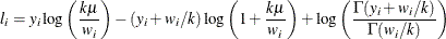 \[  l_ i = y_ i\log \left(\frac{k\mu }{w_ i} \right) - (y_ i+w_ i/k)\log \left(1+\frac{k\mu }{w_ i} \right) + \log \left(\frac{\Gamma (y_ i+w_ i/k)}{\Gamma (w_ i/k)}\right)  \]