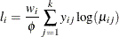 \[  l_ i = \frac{w_ i}{\phi }\sum _{j=1}^ k y_{ij}\log (\mu _{ij})  \]