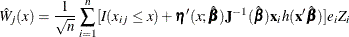 \[  \hat{W}_ j(x) = \frac{1}{\sqrt {n}}\sum _{i=1}^ n [I(x_{ij} \le x) + \bm {\eta }^\prime (x;\hat{\bbeta })\bJ ^{-1}(\hat{\bbeta })\mb {x}_ i h(\mb {x}^\prime \hat{\bbeta })]e_ i Z_ i  \]