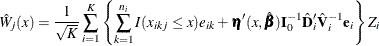 \[  \hat{W}_ j(x)= \frac{1}{\sqrt {K}}\sum _{i=1}^ K\left\{ \sum _{k=1}^{n_ i}I( x_{ikj} \le x)e_{ik} + \bm {\eta }^\prime (x,\hat{\bbeta }) \mb {I}_0^{-1} \hat{\mb {D}}^\prime _ i\hat{\mb {V}}_ i^{-1}\mb {e}_ i \right\} Z_ i  \]