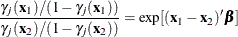 \[  \frac{\gamma _ j(\mb {x}_1)/(1-\gamma _ j(\mb {x}_1))}{\gamma _ j(\mb {x}_2)/(1-\gamma _ j(\mb {x}_2))} = \exp [(\mb {x}_1-\mb {x}_2)^\prime \bbeta ]  \]