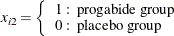 $x_{i2}= \left\{ \begin{array}{l} 1: \mbox{ progabide group } \\ 0: \mbox{ placebo group } \end{array} \right. $