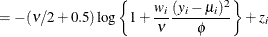 $\displaystyle = -(\nu /2+0.5) \log \left\{ 1+\frac{w_ i}{\nu } \frac{(y_ i-\mu _ i)^2}{\phi }\right\}  + z_ i  $