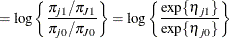 $\displaystyle = \log \left\{  \frac{\pi _{j1} / \pi _{J1}}{ \pi _{j0}/ \pi _{J0} } \right\}  = \log \left\{  \frac{ \exp \{ \eta _{j1}\}  }{\exp \{ \eta _{j0}\} } \right\}   $