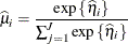 \[  \widehat{\mu }_ i = \frac{\exp \left\{ \widehat{\eta }_ i\right\} }{\sum _{j=1}^{J}\exp \left\{ \widehat{\eta }_ i\right\} }  \]